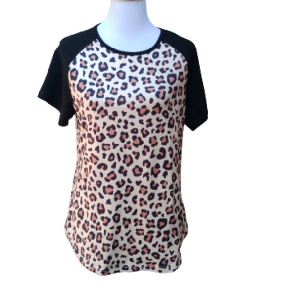Animal Print Raglan Short Sleeve Top Cream Black Cheetah Blouse - Picture 1 of 9